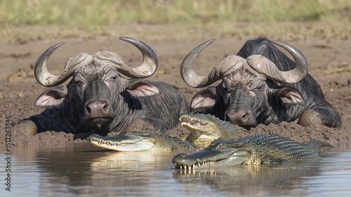 Two Cape buffaloes rest near crocodiles in muddy water