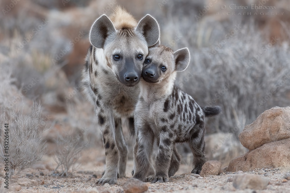 Fototapeta premium A beautiful evening sunset provides the perfect backdrop for a detailed portrait of a spotted hyena and its young pup, as the angry animal stands near a water hole in the natural surroundings of the