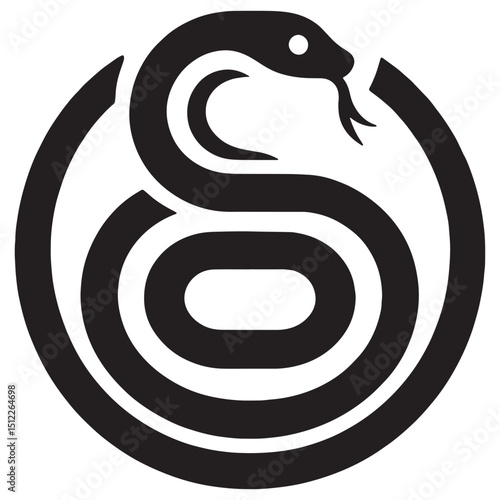 A coiled snake in a circle black with white eye  forked tongue