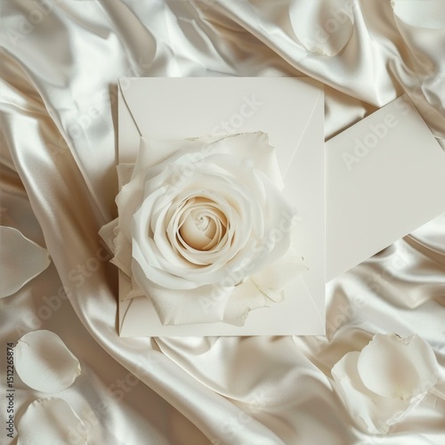 Ethereal Rose on Silk Stationary Card Still Life White Delicate Romantic Elegant Serene Opulent Layout