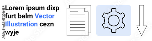 Text block next to icons of paper document, gear for settings, and download arrow. Ideal for workflow, organization, automation, system setup, data sharing, UI design simple landing page