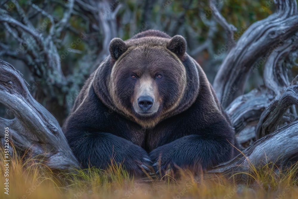Fototapeta premium The Alaska Wildlife Conservation Center in South-central Alaska's Portage is where a brown bear boar, or Ursus arctos, can be seen looking at the camera while resting atop a log