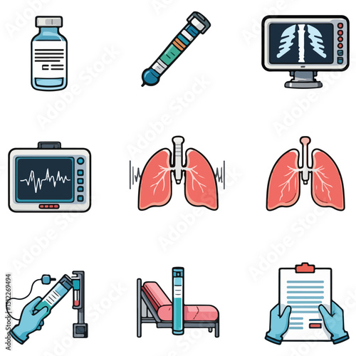 Medical icon set featuring lungs equipment a vial and a clipboard in a 3x3 grid