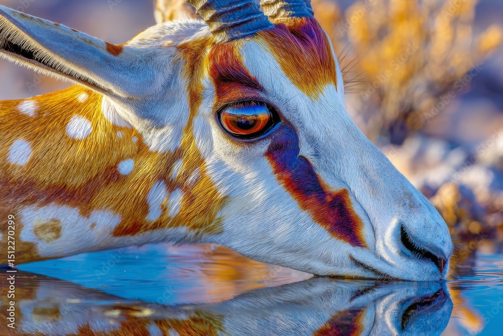 Obraz premium In Etosha National Park, Namibia, a springbok is seen drinking water