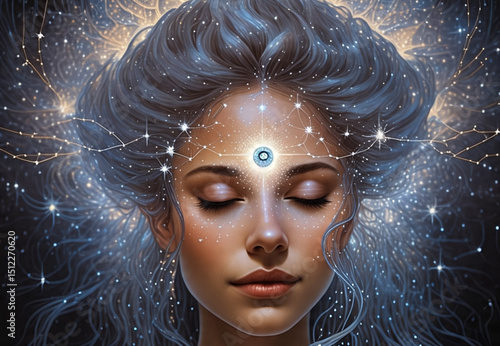 Close-up portrait of a woman with eyes closed, a luminous third eye glowing on her forehead, subtle constellations around her head, hair flowing like water, serene and dreamlike.