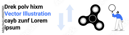 Human figure holding magnifying glass, analyzing spinner toy with upward and downward arrows. Ideal for innovation, analysis, curiosity, dynamics, trends, learning, simple landing page