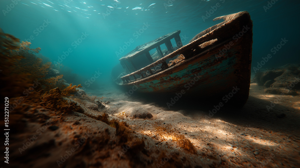 Rusty shipwreck tilted on seabed, surrounded by silence and shadows, haunting underwater scene Rusty shipwreck tilted on seabed, surrounded by silence and shadows, haunting underwater scene