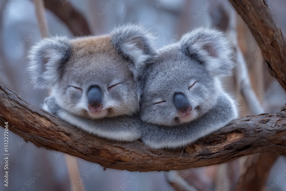 Obraz premium Two Australian marsupials, koalas, are resting in a tree surrounded by eucalyptus gum at the Currumbin wildlife sanctuary on the Gold Coast in Queensland, a conservation habitat and popular tourism
