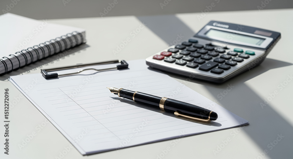 Notebook, clipboard, pen, and calculator on a clean desk Notebook, clipboard, pen, and calculator on a clean desk