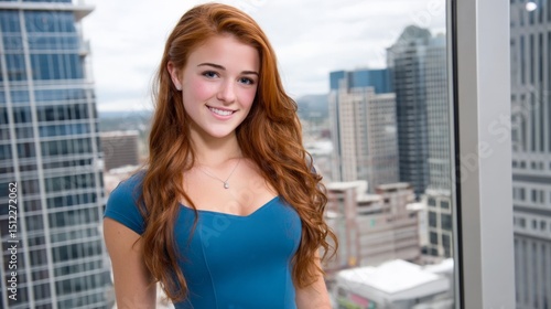 Free Download Confident young woman with long red hair smiling in a modern cityscape office setting - GFXLoad
