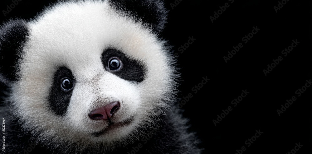 Naklejka premium A panda is showcased against a black backdrop, highlighting its majestic appearance in a wildlife and conservation context with room for text