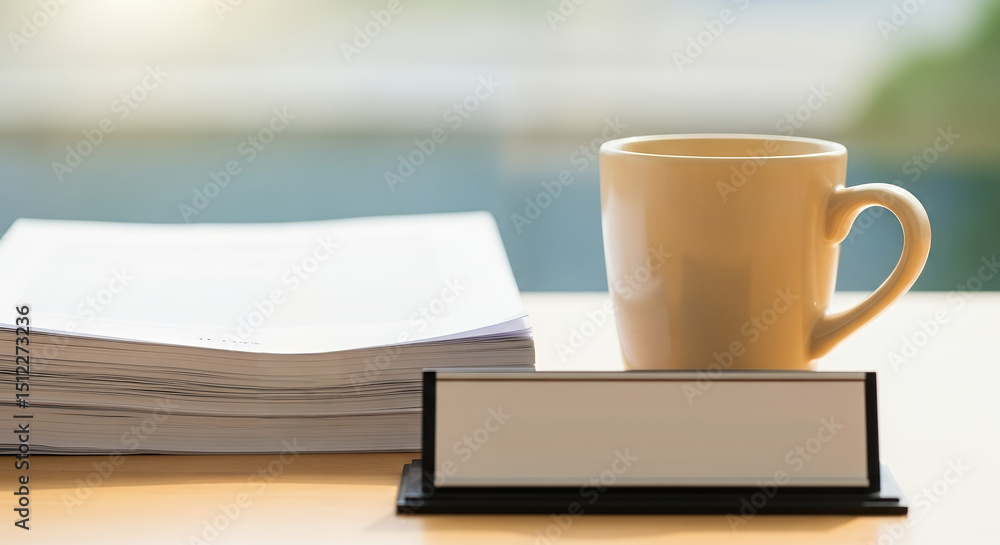 Naklejka premium Stack of documents with a coffee cup and nameplate on a desk