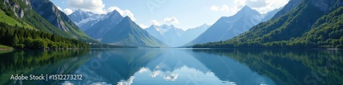Mirror-like lake nestled in majestic mountains, shadow, serenity