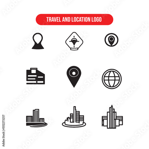 Vector illustration of a modern travel and location logo featuring a stylized city map with two colorful GPS map pins (red and blue). Ideal for use in travel apps, Modern Travel and Location Logo