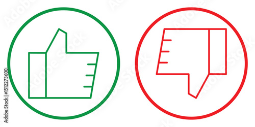 Thumbs up and thumbs down vector symbol in circles. Like, and dislike icon on red and green circle. Hand thumb up and down concept. 