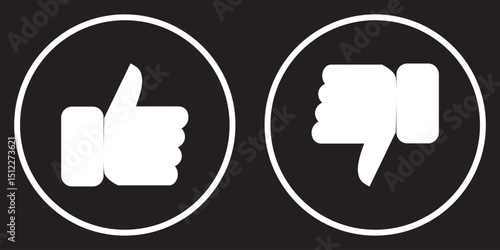 Thumbs up and thumbs down vector symbol in circles. Like, and dislike icon on black circle. Hand thumb up and down concept. 