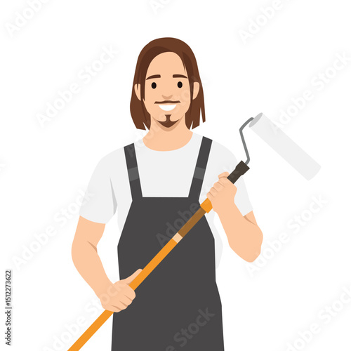 Man wearing overalls and a white shirt holds paint roller with a cheerful expression, Painting work. Flat vector illustration isolated on white background