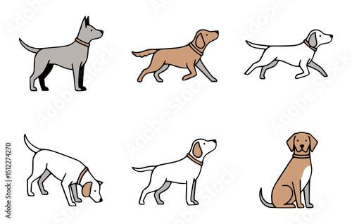 A collection of playful dog illustrations in various poses and colors. They represent diversity, pet, and animal