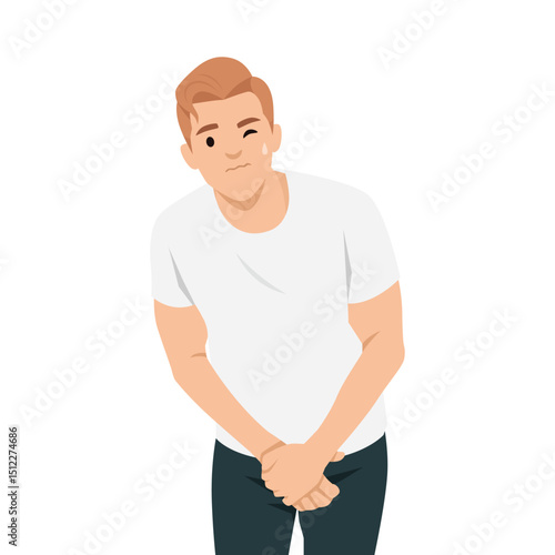 Man appears visibly uncomfortable and is holding his groin area, Need to urinate urgently. Flat vector illustration isolated on white background