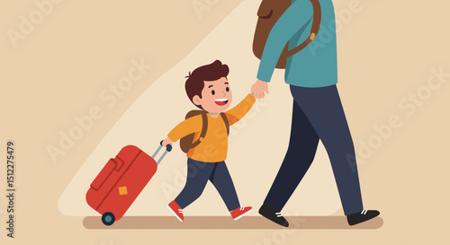 Child walking with parent while pulling red suitcase on vacation, for children's tourism theme, parental experience of traveling with children 