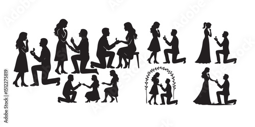 Man proposing to woman silhouette set vector illustration