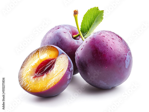 Ripe purple plums with one cut open, showing juicy interior and seed isolated on white background