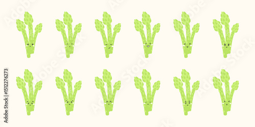 Cute kawaii asparagus vector stickers with funny faces and emotions: happy, sad, angry, surprised. Flat characters for kids, education, and healthy eating designs