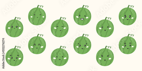 Cute kawaii watermelon vector stickers with funny faces and emotions: happy, sad, angry, surprised. Flat characters for kids, education, and healthy eating designs