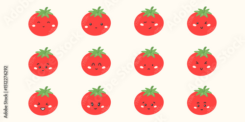 Cute kawaii tomato vector stickers with funny faces and emotions: happy, sad, angry, surprised. Flat characters for kids, education, and healthy eating designs