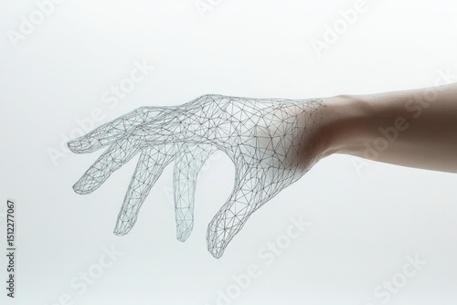 A close-up of a human hand and a virtual wireframe hand almost touching, illustrating the concept of digital evolution and technological integration