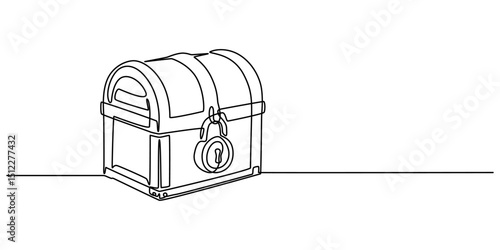 Treasure chest in continuous one line art style. Simple vector illustration, Open empty treasure chest one line continuous. Line art chest. Vector illustration, Treasure minimal banner. One Outline.