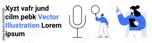 Woman with clipboard pointing, man holding a balloon, large microphone. Ideal for technology, teamwork, communication, creativity, presentation, voice and simple landing page