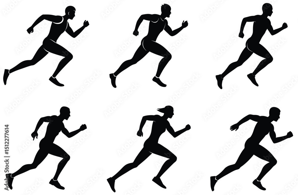 Silhouetted athletes in running poses showcasing the dynamic action and motion in competitive sprinting for fitness and sports Silhouetted athletes in running poses showcasing the dynamic action and motion in competitive sprinting for fitness and sports