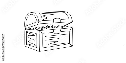 Treasure chest in continuous one line art style. Simple vector illustration, Open empty treasure chest one line continuous. Line art chest. Vector illustration, Treasure minimal banner. One Outline.