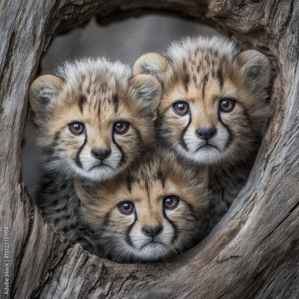 Fototapeta premium Three cheetah cubs are visible from a tree hollow within a wildlife sanctuary set against a natural background highlighting conservation efforts