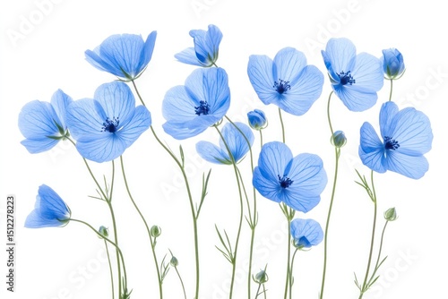A collection of several flax blue flowers, arranged naturally, with their slender stems and bright blue hues set against a white background.