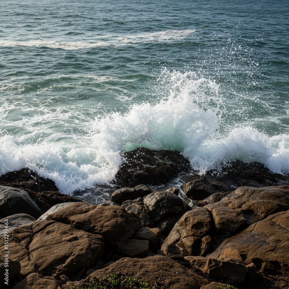Powerful ocean waves crashing against rocky shoreline on a sunny day Powerful ocean waves crashing against rocky shoreline on a sunny day