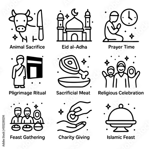 set of eid al-adha icons represent nine black and white icons of eid al-adha traditions.