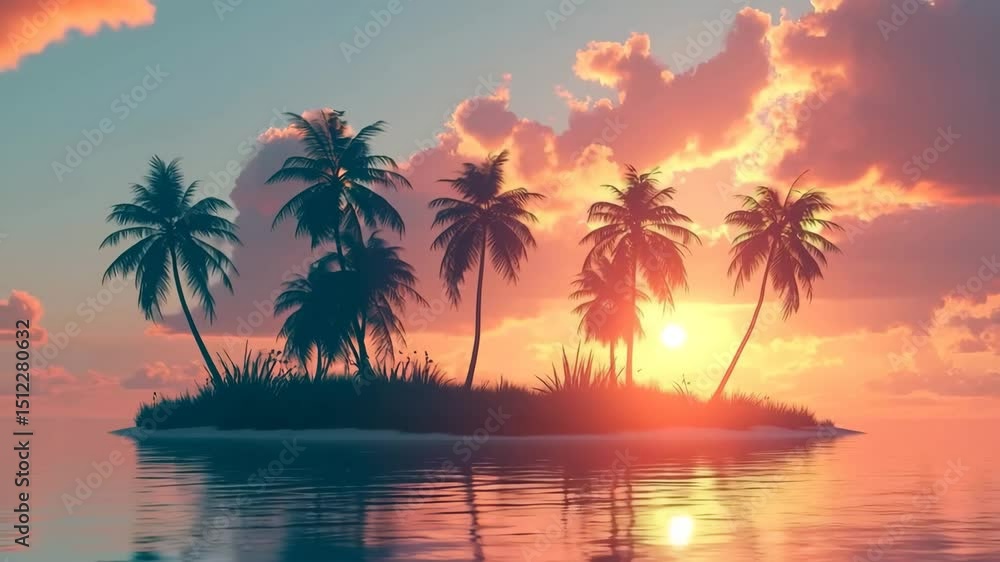 Tranquil tropical island sunset with glowing skies and palm trees Tranquil tropical island sunset with glowing skies and palm trees