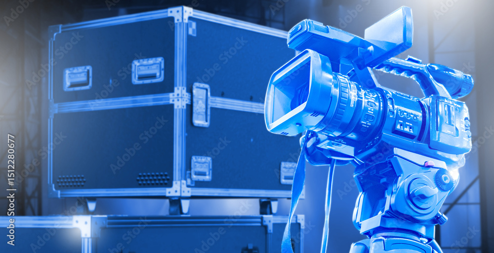 Professional video camera on tripod set up near flight cases in a studio or event venue, ready for recording or broadcasting. Activity: Video production, broadcasting. Professional video camera on tripod set up near flight cases in a studio or event venue, ready for recording or broadcasting. Activity: Video production, broadcasting.