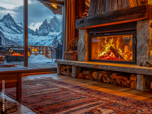 A warm fire crackles invitingly in a rustic mountain lodge as snow blankets the breathtaking scenery outside. A perfect cozy retreat for winter holidays filled with peace and tranquility