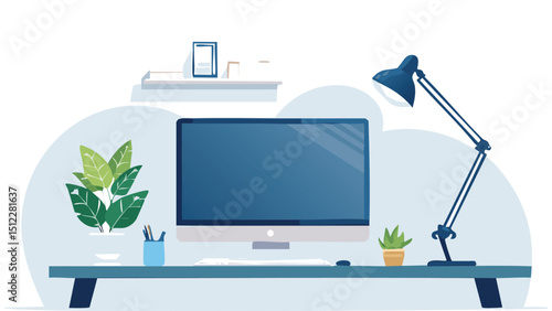 Modern computer desk setup with accessories and green plant in flat vector style for creative workspace illustration