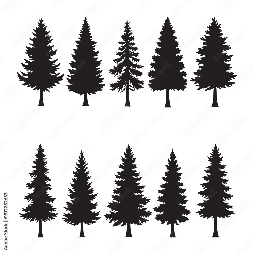 Obraz premium Silhouette set of pine tree on white background