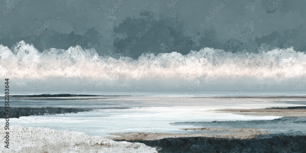 Abstract Japandi horizon art in panoramic format with calm division of sky, water, and earth, soft color blocks, subtle texture, neutral tones, modern minimal design, and serene atmosphere. Abstract Japandi horizon art in panoramic format with calm division of sky, water, and earth, soft color blocks, subtle texture, neutral tones, modern minimal design, and serene atmosphere.