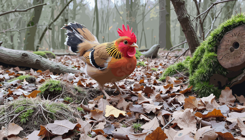 Colorful rooster walking among fallen leaves in a forest 