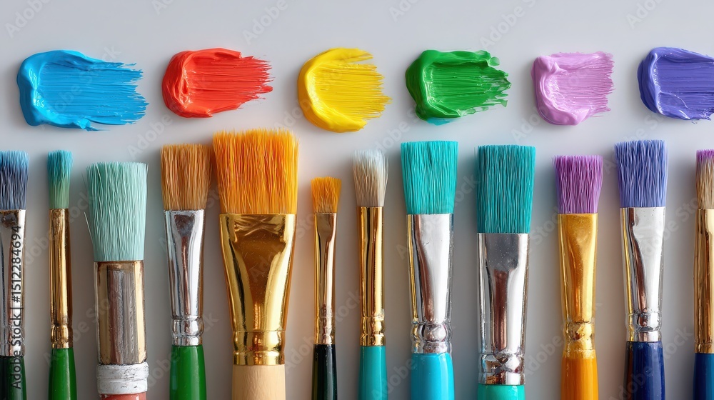Fototapeta premium A set of paintbrushes and acrylic paints neatly arranged