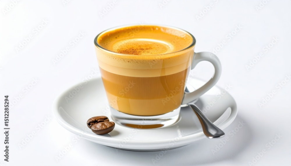 Fototapeta premium A beautifully layered latte served in a clear glass cup on a white plate with a coffee bean
