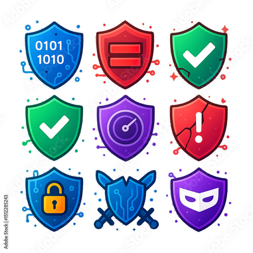 Cybersecurity Shield Icons – Futuristic Digital Protection Set
