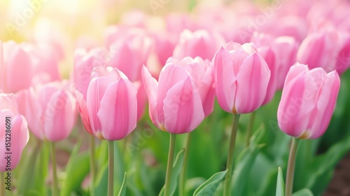 Pink Tulip Delight: An array of delicate pink tulips basks in the soft glow of natural light, their petals unfurling in a beautiful dance of color and form, evoking feelings of spring and freshness.