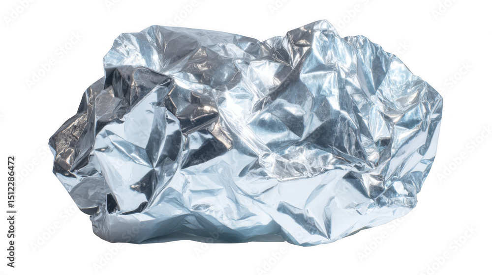 Fototapeta premium Crumpled piece of foil reflecting light, creating a textured and shiny surface, isolated on a transparent background, ready for easy integration into designs